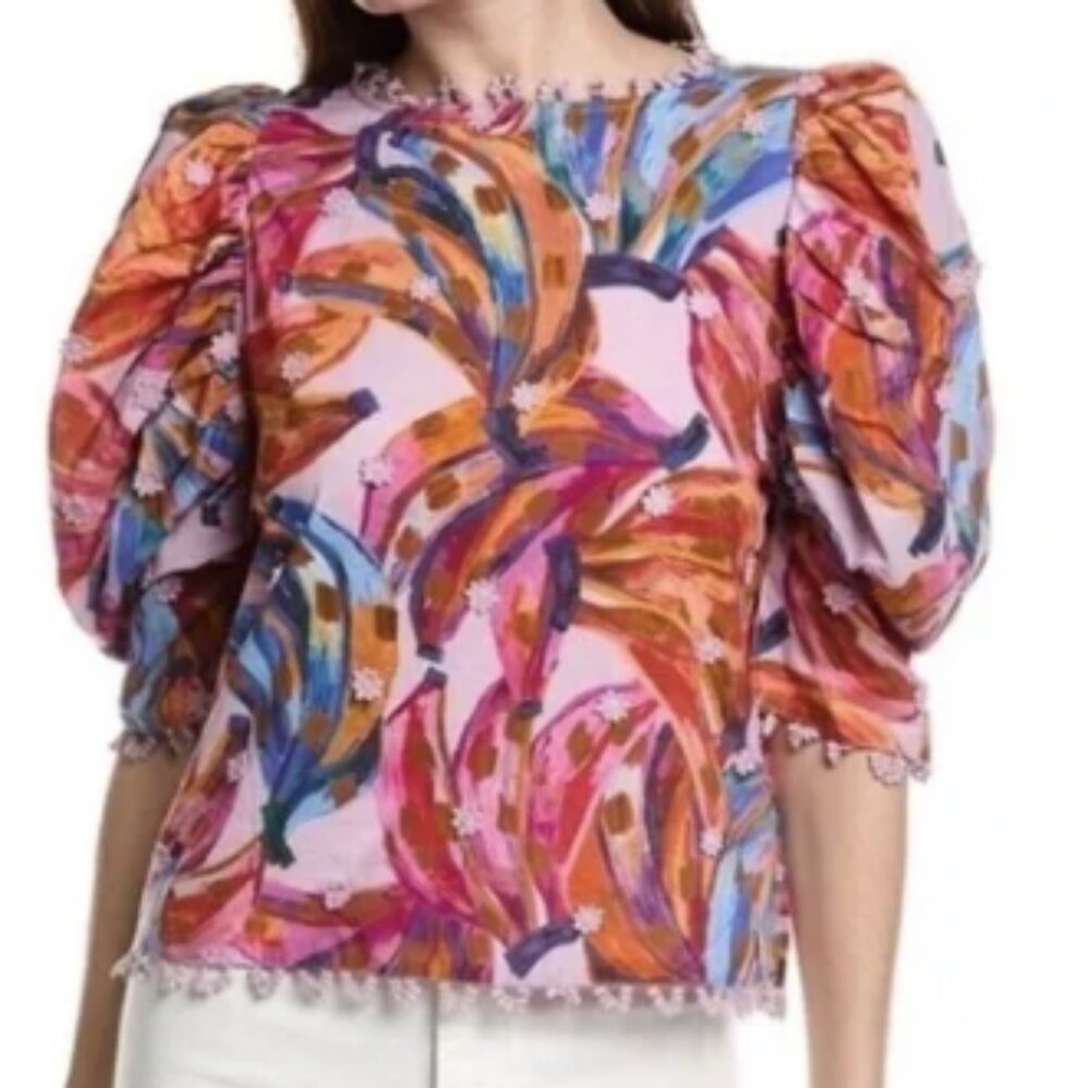 Farm Rio Colored Bananas Puff Sleeve Blouse Size L